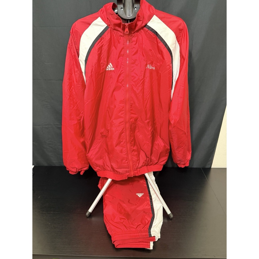 Vintage Adidas Team Tracksuit XL Red Black White Windbreaker Jacket Pants -read